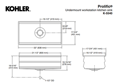 KOHLER K-5540T-S-NA PROLIFIC 33" 大單槽下崁式廚房星盆 (包括砧板、浸泡籃、瀝水籃及瀝水板)-hong-kong